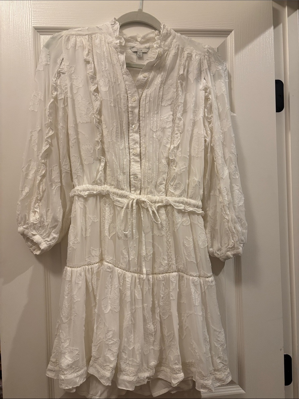 Joie White Textured Ruffle Tie-Waist Dress
